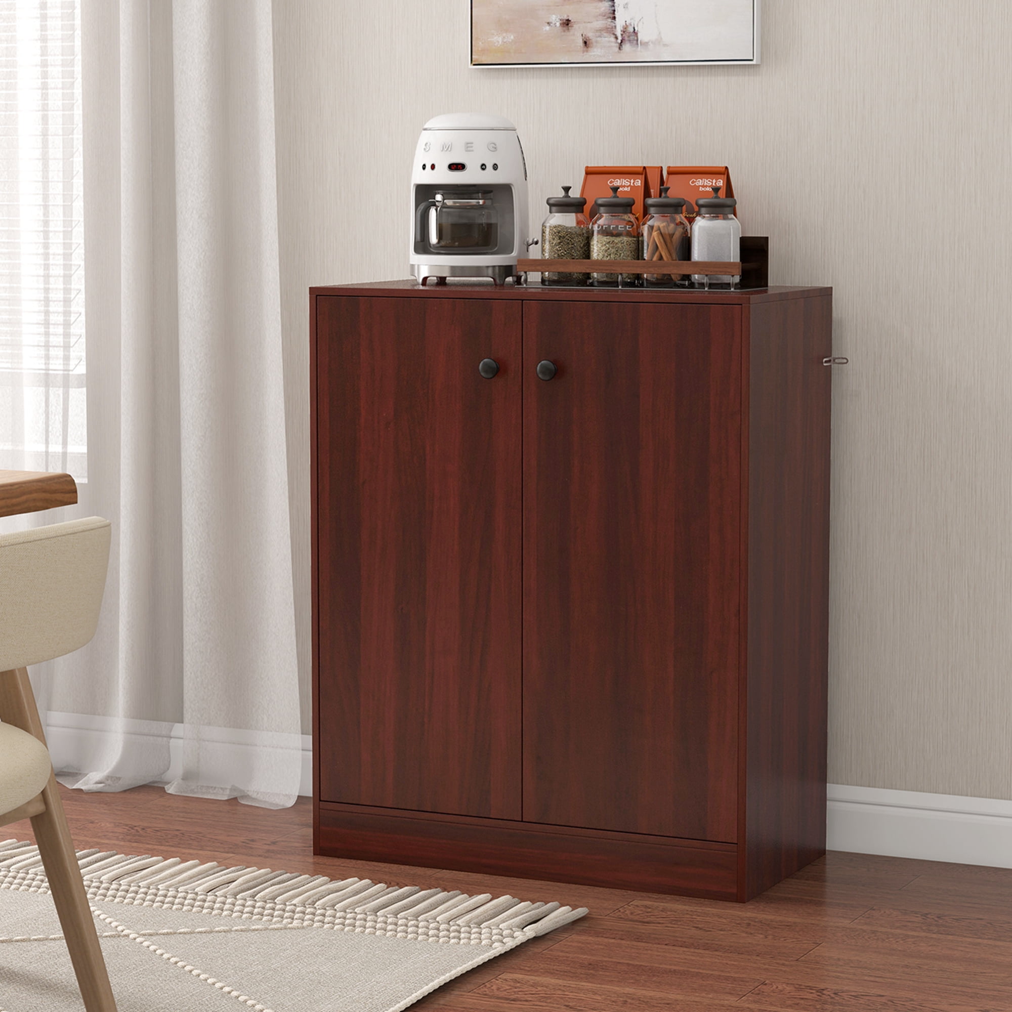 Costway 2-Door Storage Cabinet Freestanding Storage Organizer with 3-Tier Shelf Entryway Brown