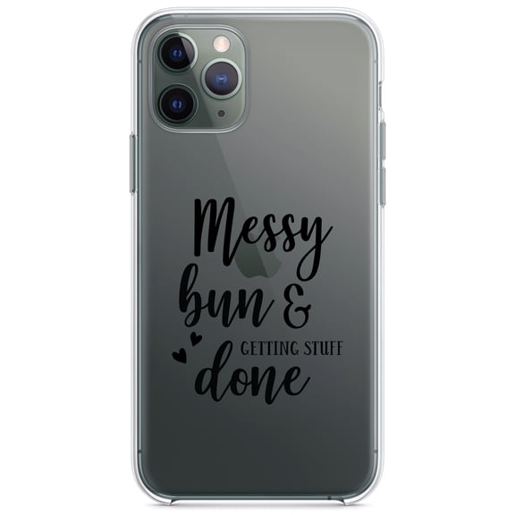 DistinctInk Clear Shockproof Hybrid Case for iPhone 13 Pro MAX (6.7" Screen) - TPU Bumper Acrylic Back Tempered Glass Screen Protector - Messy Bun & Getting Stuff Done