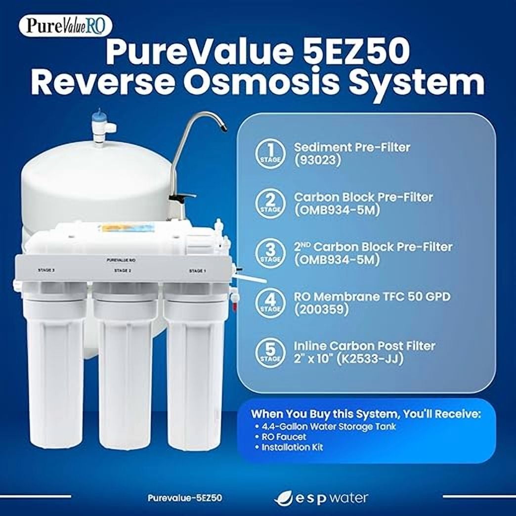 PureValue 5EZ50 Reverse Osmosis System - 5-Stage RO Water Filtration System for Under Sink Filter
