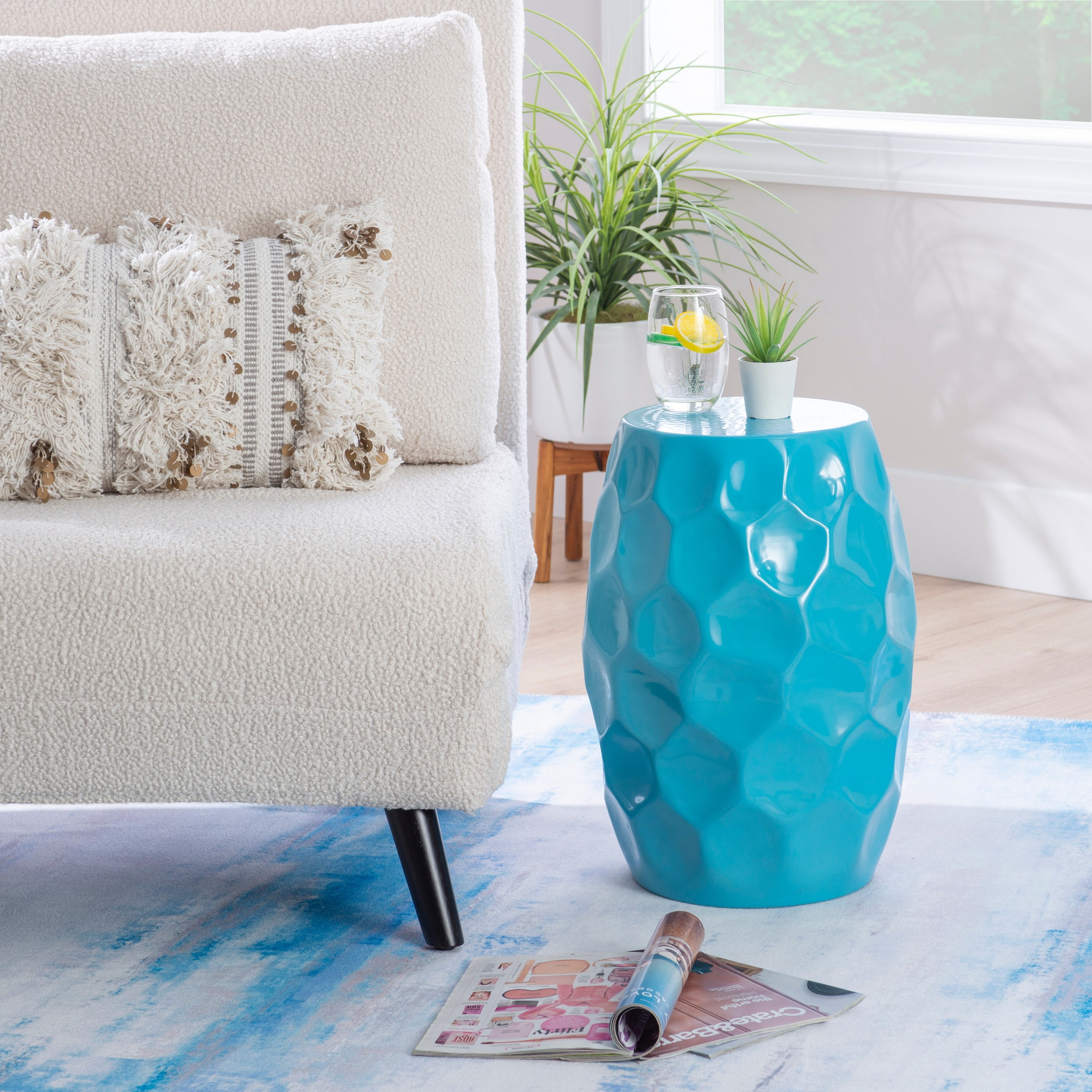 Powell Shawna Round Hammered Metal Indoor Accent Side Table, 19" Tall, Teal