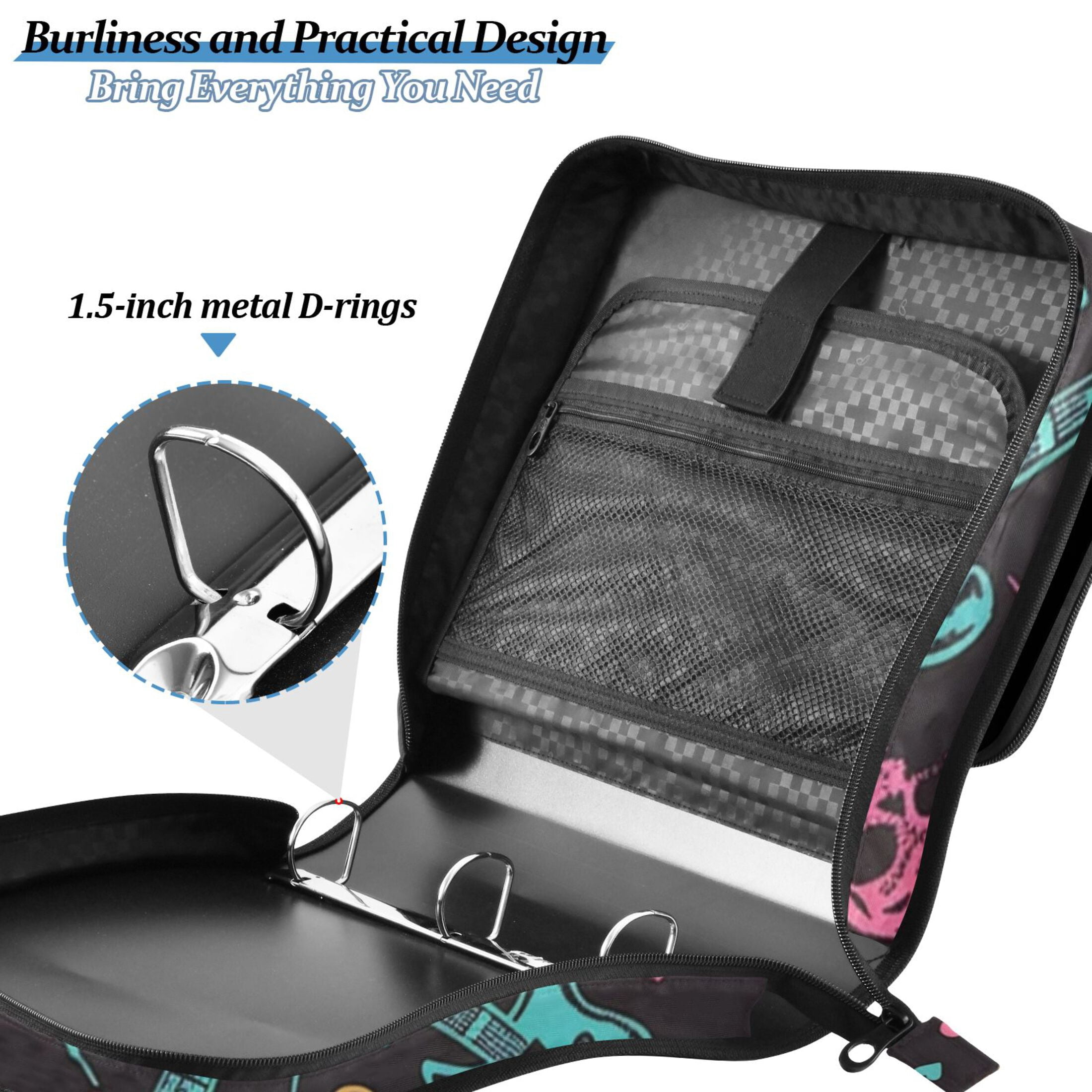 ALAZA Zipper Binder Skull and Guitars 3 Ring Trapper Keeper File Folder Organizer Bag