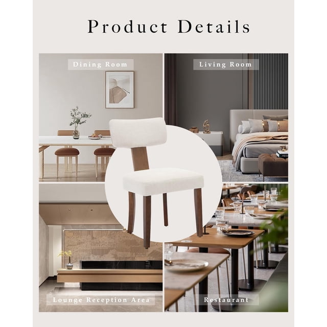 Modern Dining Chairs Set of 2 – Armless Linen Upholstered Chairs with Elegant Curved Back, Nailhead Trim & Solid Wood Frame for Kitchen & Dining Room – Light Beige
