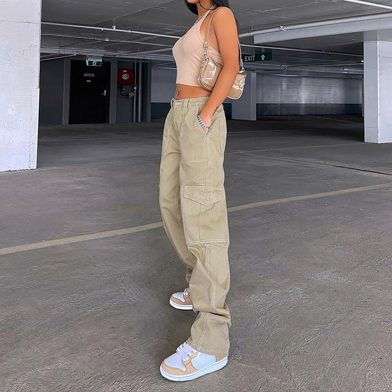 WANYNG women's pants Women Cargo Pants Loose Low Waist Trousers Wide Leg  Baggy Jeans With Pockets Streetwear Punk Baggy Khaki M