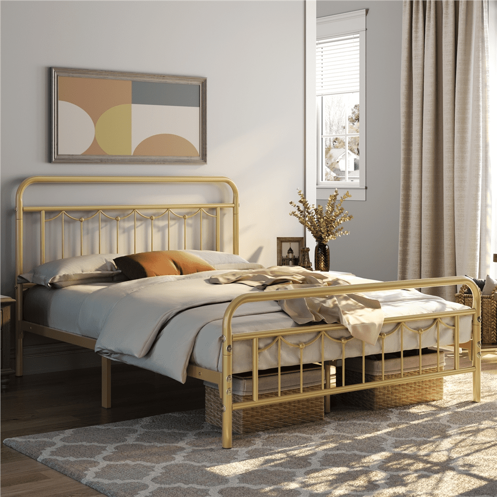 Alden Design Metal Platform Full Bed with Vintage Headboard, Adult, Antique Gold
