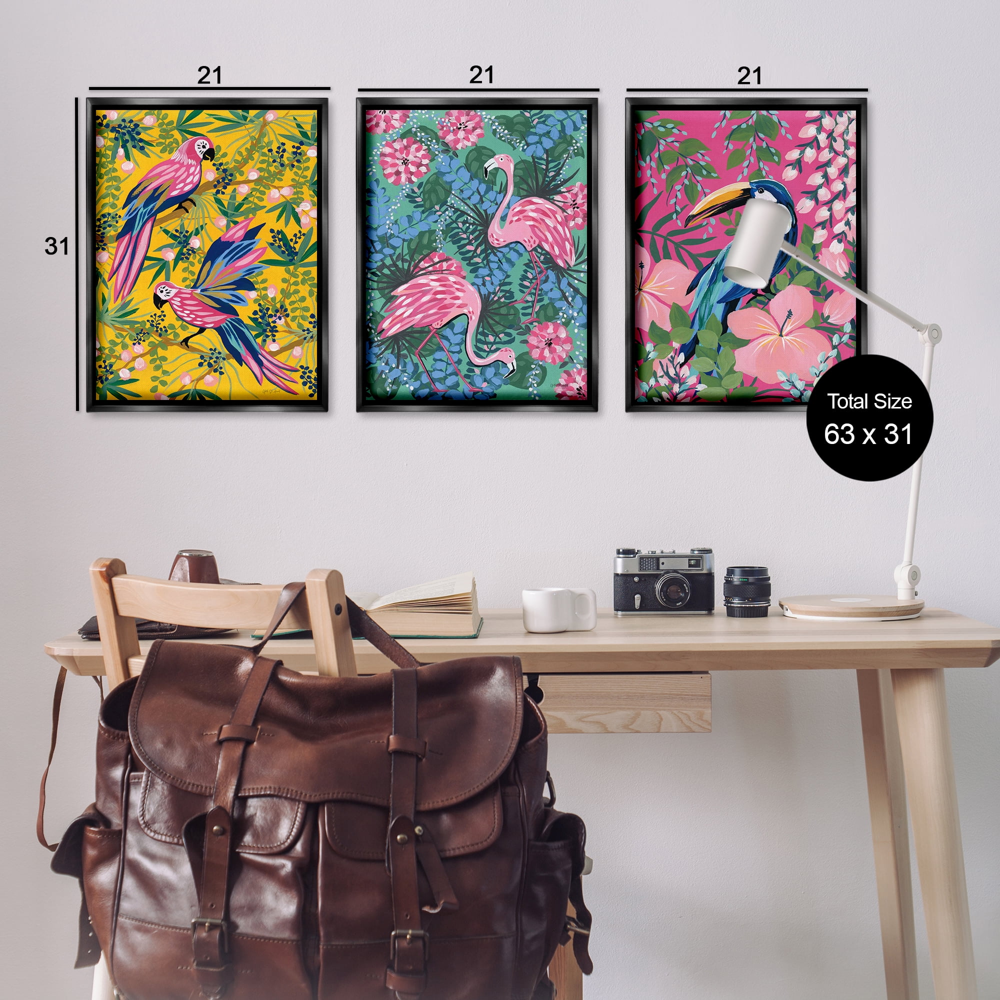 Stupell Industries Tropical Birds & Botanicals Animals Painting Black Floater Framed Canvas Art Print Wall Art, 21 x 31, Set of 3