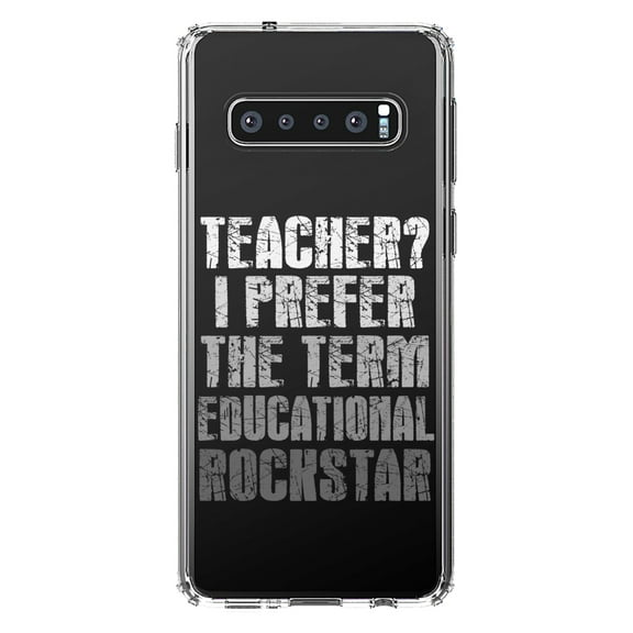 DistinctInk Clear Shockproof Hybrid Case for Samsung Galaxy S10  PLUS (6.4" Screen) - TPU Bumper Acrylic Back Tempered Glass Screen Protector - Teacher I Prefer Educational Rockstar