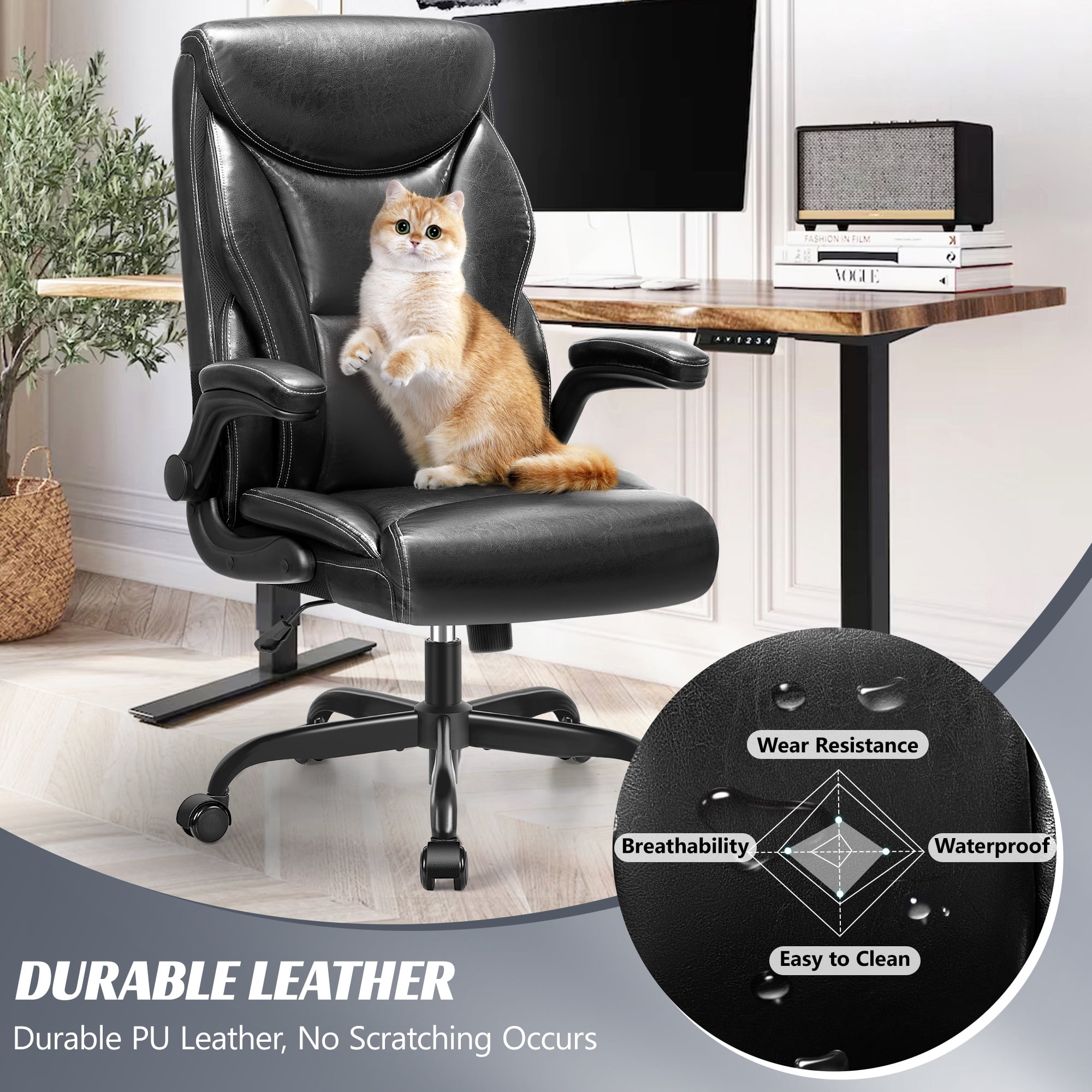 ATHOPE Executive Office Chair, Leather Office Chair with High Back Flip Up Armrests, Height Adjustable Comfy Desk Chair with Wheels, Ergonomic Computer Chair, Black