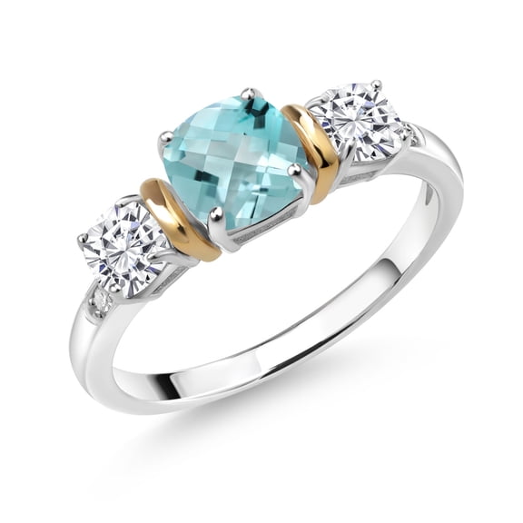 Gem Stone King 925 Silver and 10K Yellow Gold 3-Stone Diamond Ring Cushion Checkerboard Sky Blue Topaz and Moissanite (1.76 Cttw, Size 5)