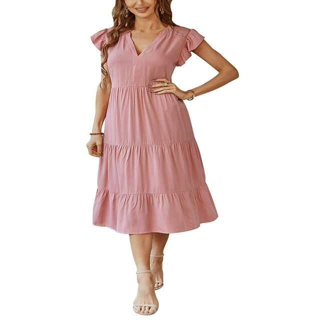 AMERTEER TEMOFON Robe Décontractée pour Femmes Été Col en V Robe Midi Manches Flottantes Fluide à Volants Bleu L