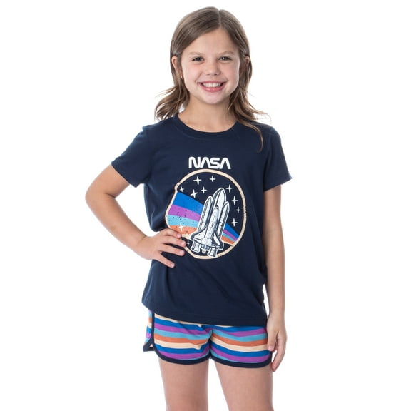 NASA Girls' Retro Stripes Rocket Sleep Pajama Set Shorts Crewneck