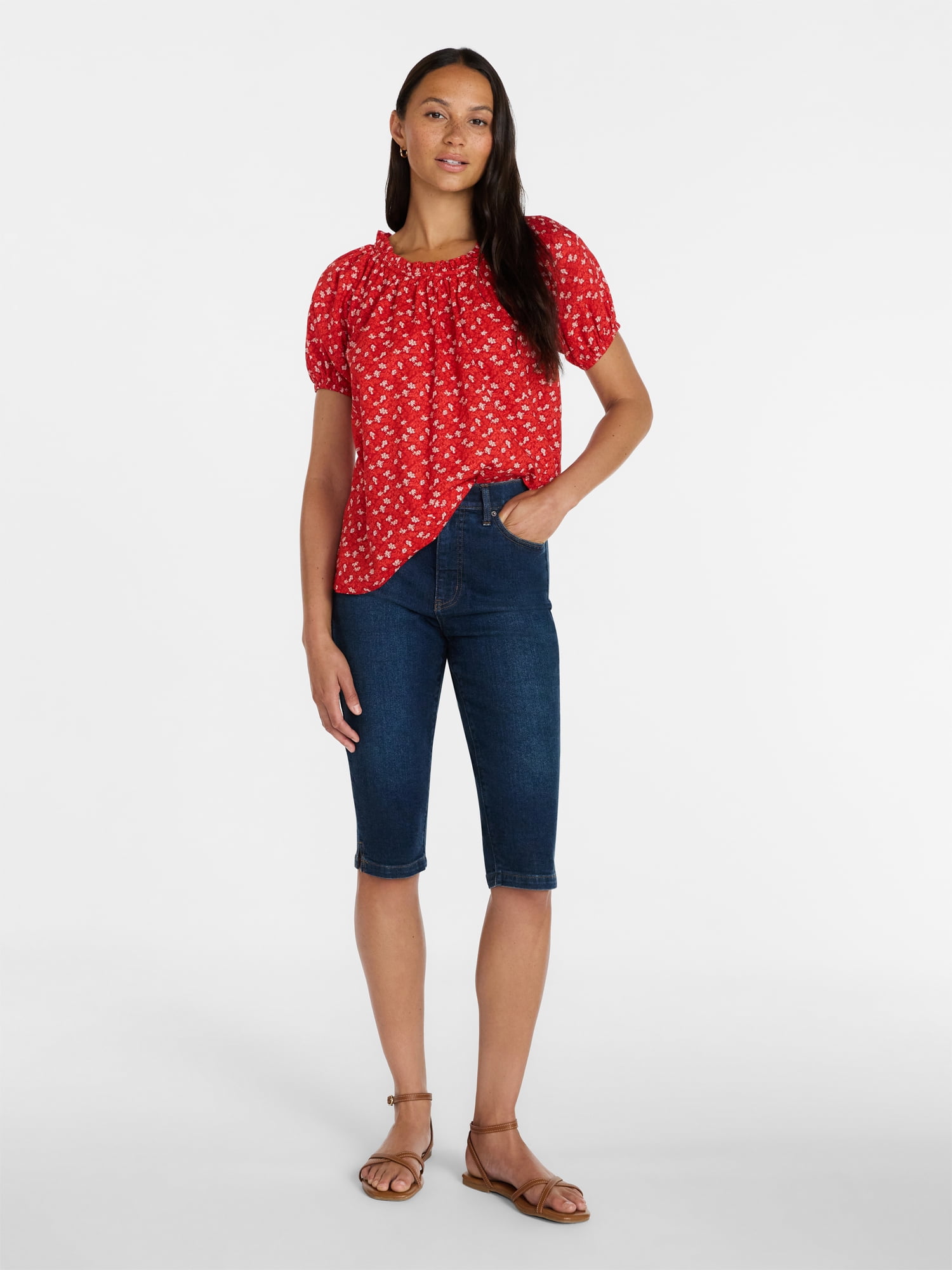 Time and Tru Women's Ruffle Neck Cotton Top with Short Puff Sleeves, Sizes XS-XXXL