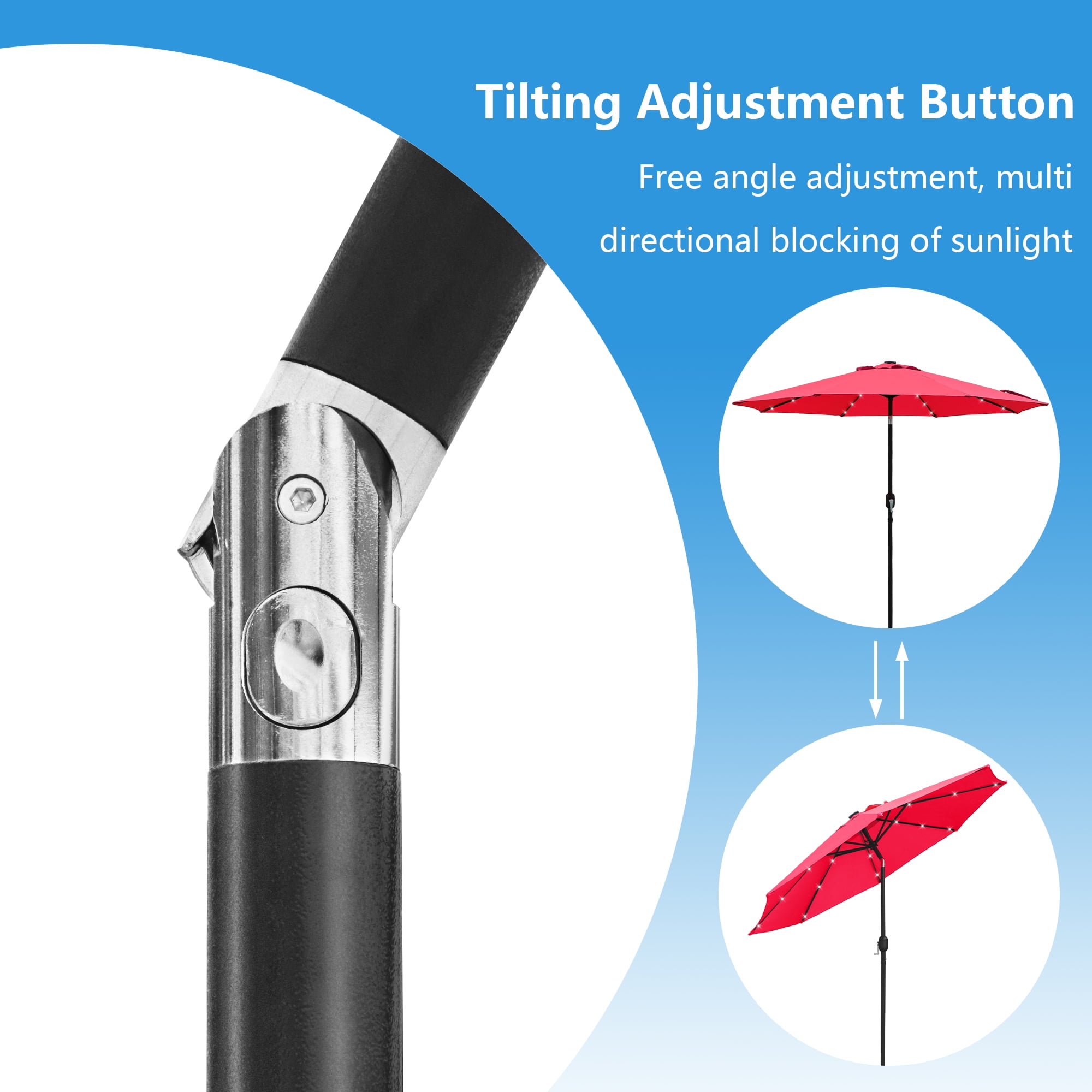 Abble 9ft Solar LED Lighted Patio Umbrella, Table Market Umbrella, Outdoor Umbrella for Garden, Deck, Backyard, Pool and Beach, Red