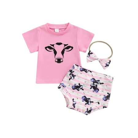 

CenturyX Fashion Summer Infant Baby Girls Casual Suits Short Sleeve Cattle Printed Tops+Striped High Waist Shorts+Headband Clothes Pink 18-24 Months