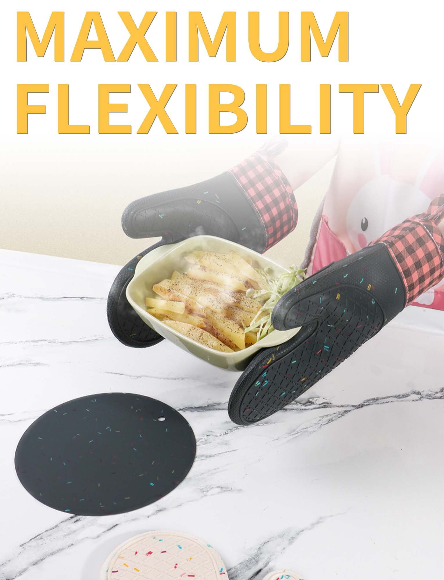 FEOYA Silicone Oven Mitts Kitchen Oven Mitten Round Potholder 4 Pcs Heat-Resistant 500℉ Non-Slip Potholder Washable Surface Soft Cotton Oven Gloves for Baking Cooking Grilling