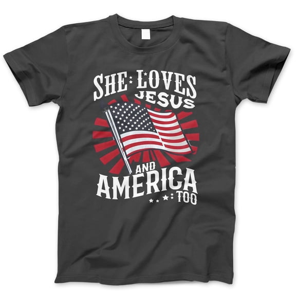She Loves Jesus and America Too T-Shirt – Christian Patriotic USA Flag Burst Tee for Women, Faith and Freedom Shirt, 4th of July Religious Graphic Top