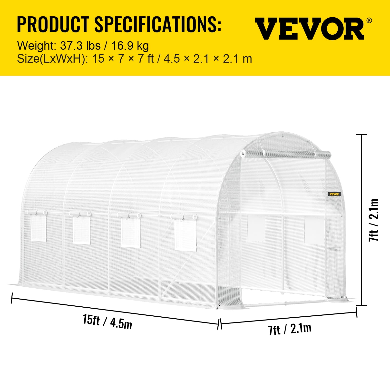 VEVOR Walk-in Tunnel Greenhouse 15 x 7 x 7 ft Portable Plant Hot House Galvanized Steel Frame 140G PE Waterproof Cover Greenhouse Kit