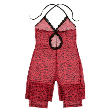 

OVBMPZD Women s Sexy Lingerie One-Piece Sleepwear Leopard Print Underwear Intimates Lace Cutout Lingerie Red L