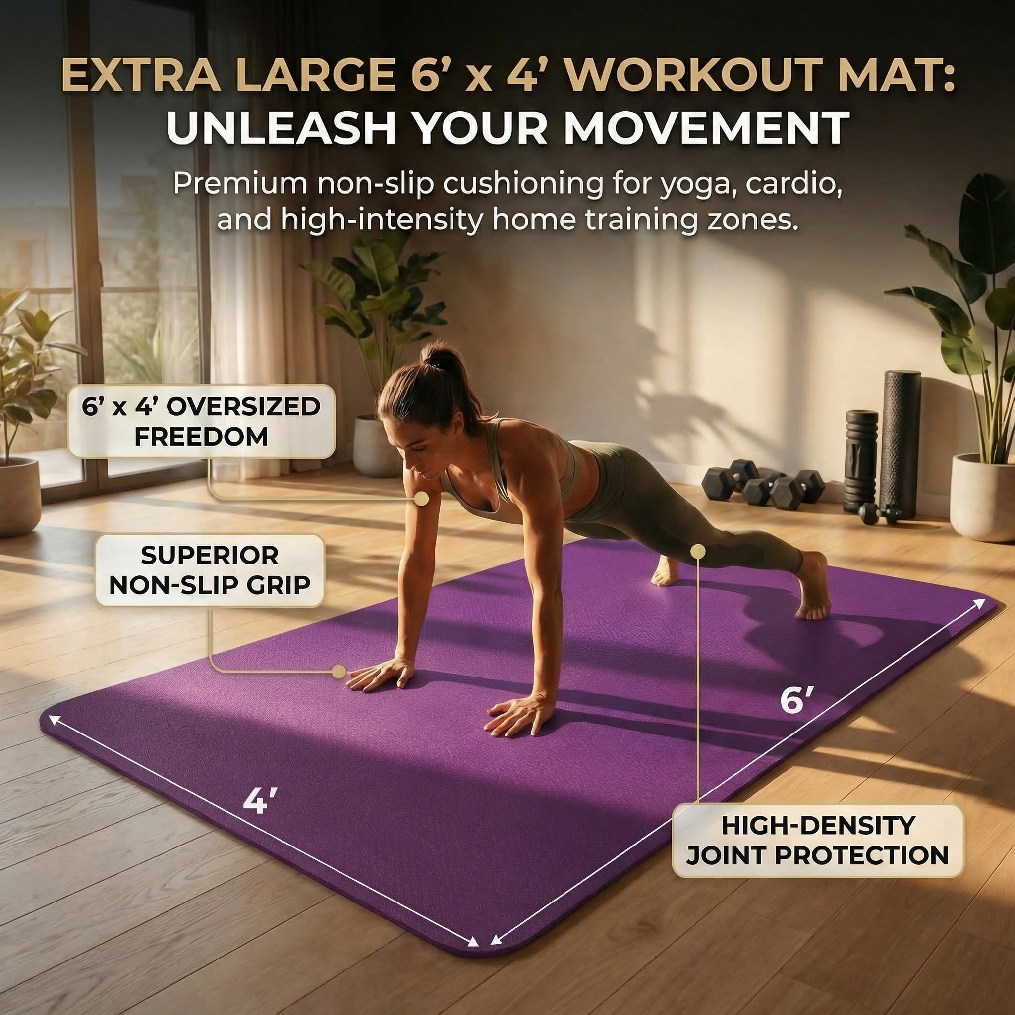 FrenzyBird Large Yoga Mat 6'x4' (72"x48") 183x122cm, 1/4" & 1/3" Thick TPE Non-Slip Extra Wide Exercise Mat, Big Home Workout Mat for Yoga, Pilates, Gym & Floor Workouts for Women & Men（6mm Purple）