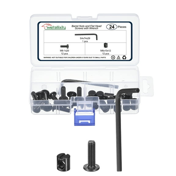 Furniture Connector Bolt Cap Nut Kit with Wrench(M6-1x20mm) 24Pcs, Connector Bolt M6 Countersunk Screw Barrel Nuts Binding Screws, for Chair Cabinet Bed, Black