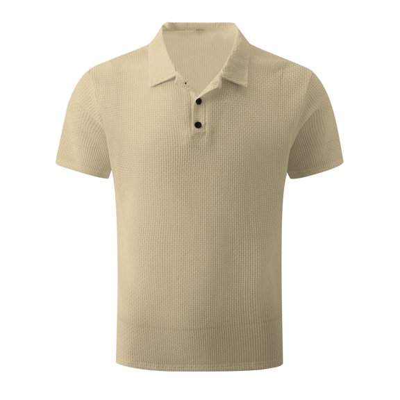 WREESH Men's Classic Henley Shirts Solid Color Button Front Short Sleeve Top with Turndown Collar Essential Casual Wear Khaki