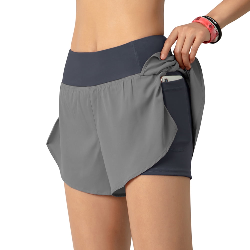 Women Running Shorts 2in1 with Pocket Wide Waistband Coverage Layer