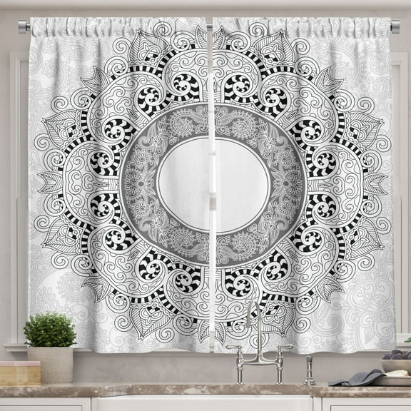 Ambesonne Mandala Kitchen Curtains, Lace Like Detailed Motif, 55"x39", Black and White
