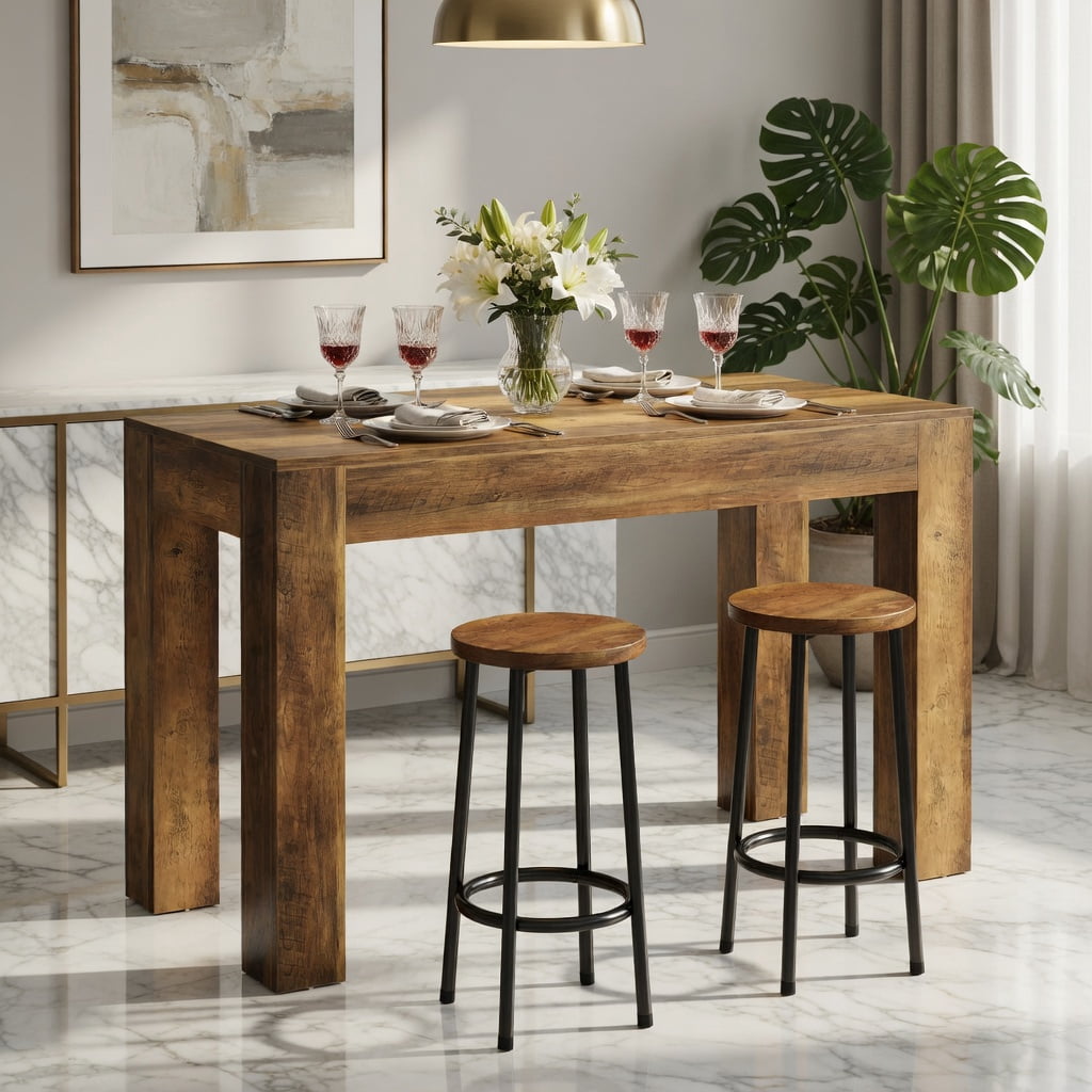 Hommoo 63 Inch Rectangular Counter Height Bar Table, Farmhouse Style Pub Table with Sturdy Legs for Kitchen, Dining, or Home Office, Rustic Brown