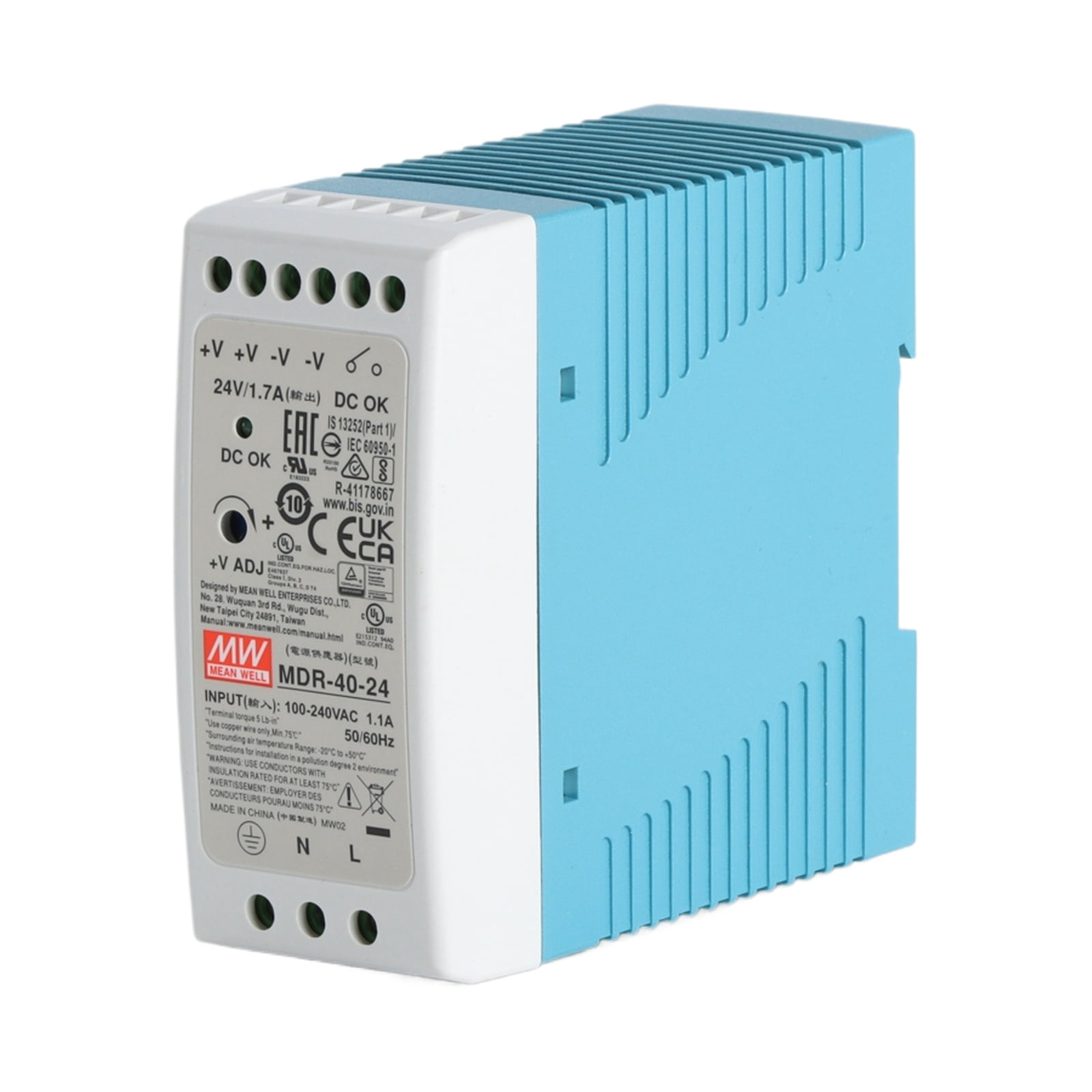Feedannce 24V 1.7A 40.8W DIN Rail Power Supply, Industrial Automation, MEAN WELL MDR-40-24