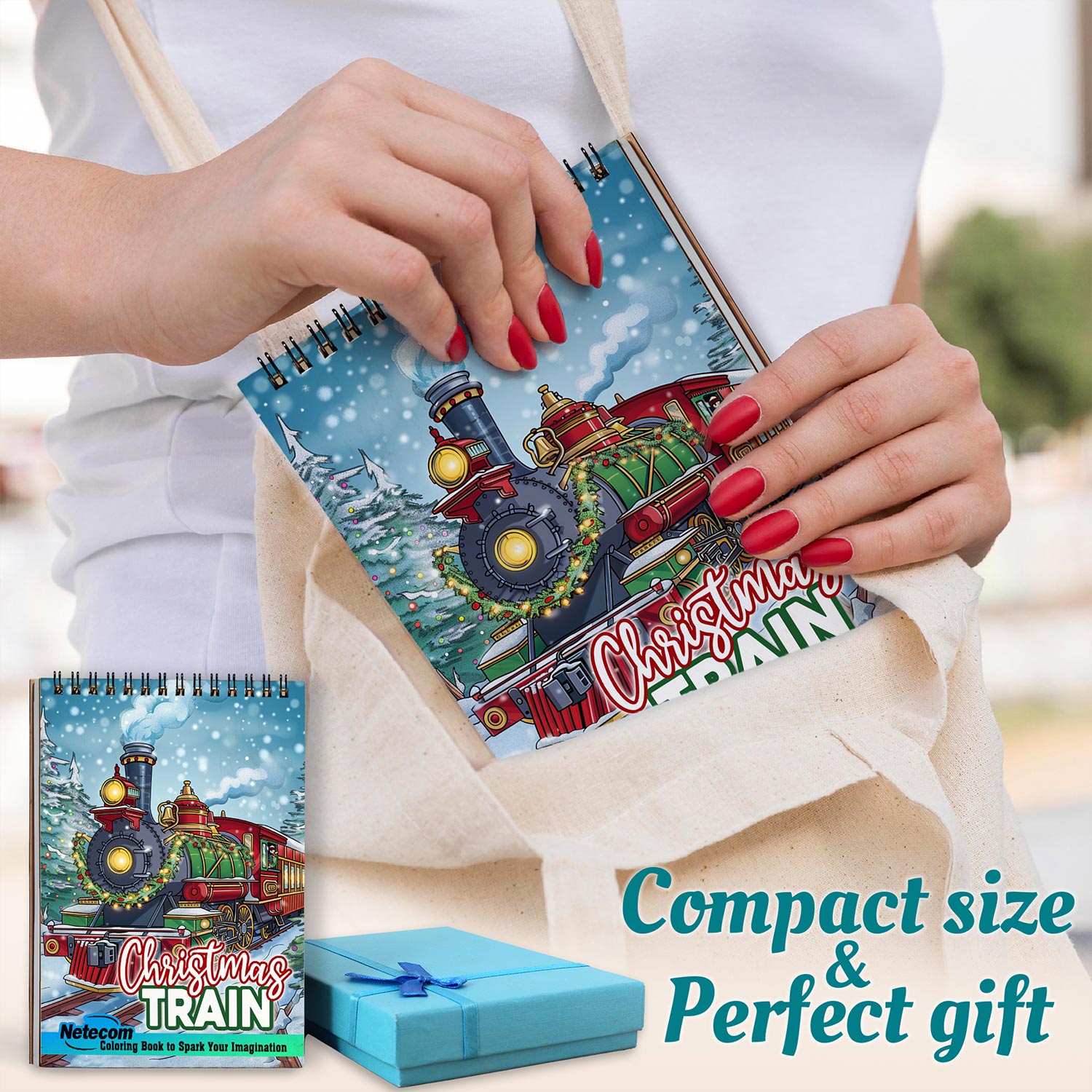 Netecom Christmas Train Coloring Book Spiral Bound for Adults, A5 Wooden Cover, 30 Enchanting Coloring Pages of Magical Train to the North Pole for Stress Relief and Relaxation
