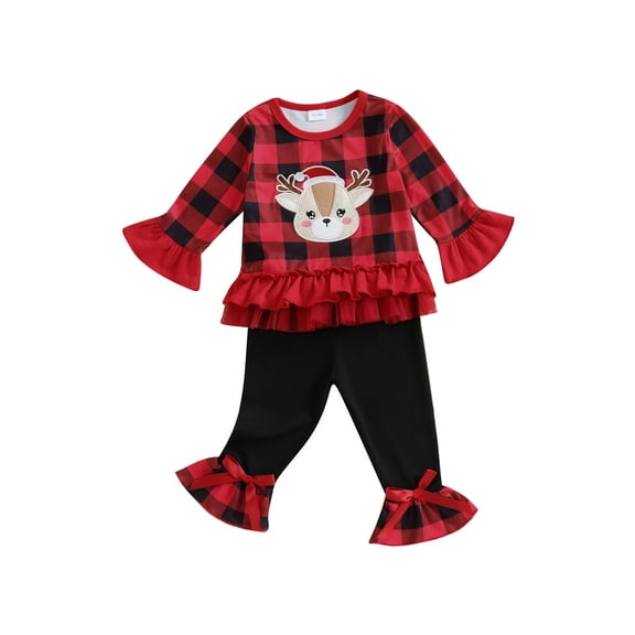 Suealasg Toddler Kids Girl 2Pcs Christmas Outfits Sets 1T 2T 3T 4T 5T Long Sleeve Elk Embroidery Plaid Tops Flared Pants Sets Little Girls Fall Winter Clothes Set