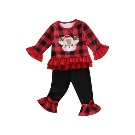 

Canis Flared Pants Sets with Elk Embroidery for Girls Long Sleeve Plaid Tops