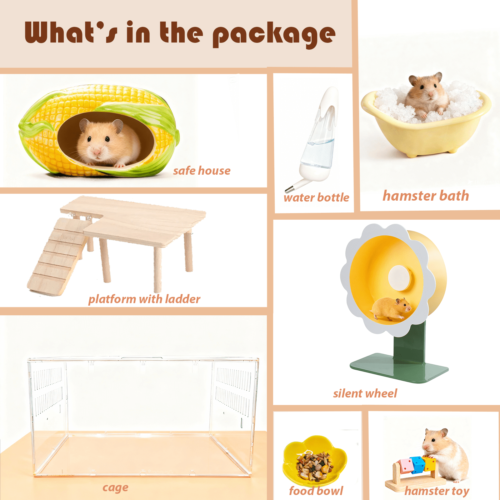 Transparent Hamster Cage with  2nd Floor, Bathhouse, Hideout, Wheel, Toy, Water Bottle & Bowl - Complete Habitat for Hamsters, Mice, Gerbils(23.6 x 13.8 x 12.2 Inches)