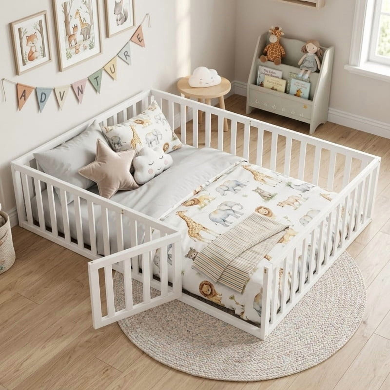 Queen Size Floor Bed Montessori Bed with Fence Guardrails and Door, Wooden Toddler Bed Playhouse Bed Platforn Bed for Boys Girls, No Slats