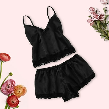 

Women Sexy Satin Silk Lace V-neck Camisole Shorts Lingerie Pajamas Sleepwear Set Note Please Buy One Or Two Sizes Larger