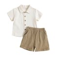 thumbnail image 3 of Rvasteizo Toddler Summer Outfits Boys Girls Breasted Pocket Lapel Shirt and Elastic Drawstring Shorts Linen Beach 2 Piece Set 6 Months to 4 Years, 3 of 3