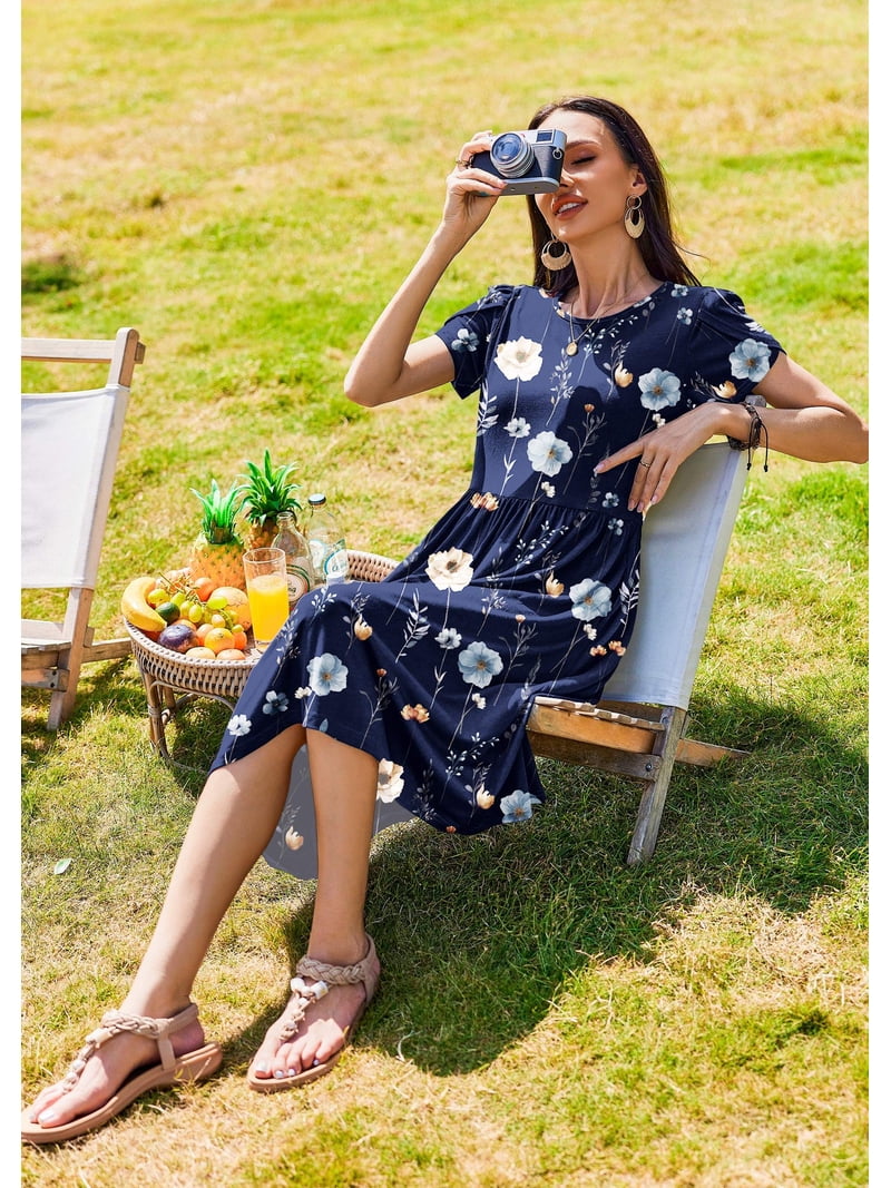 holiday dresses modest Zeagoo Women's Round Neck Short Sleeve Midi Dress | Blue | Misses Medium Hunter green suits Unic