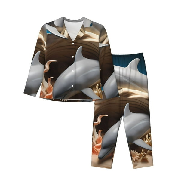Balery Coral Fish Dolphin Conjunto de Pijama con Estampado para Mujer, Conjunto de Dos Piezas con Manga Larga, Ropa de Dormir Suave con Bolsillos, Pijamas Cómodos-Small