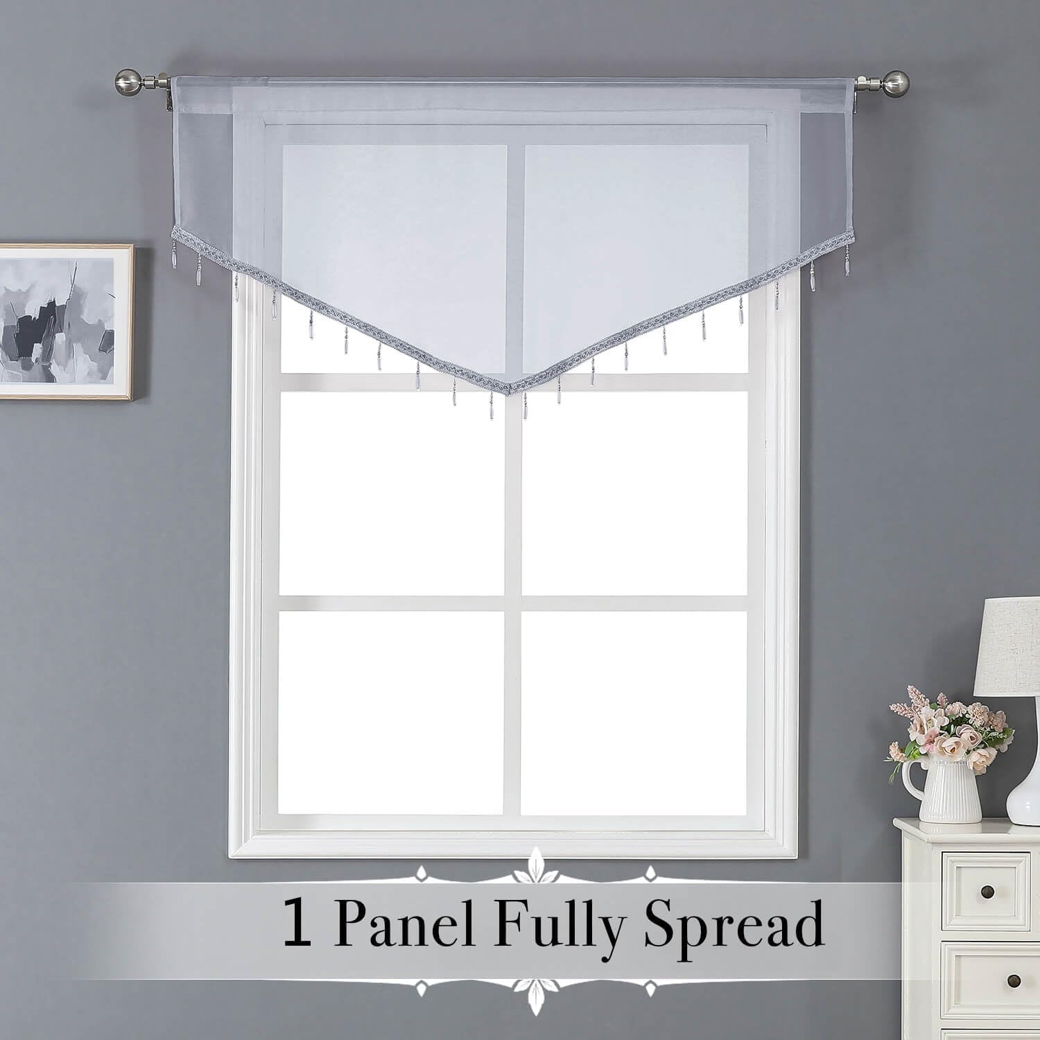Kiibsot 3-Pack Halloween Beaded Sheer Valance Curtains for Windows, Triangle Sheer Voile Kitchen Swag Curtain Valances Boho Bead Tassels Window Valances for Bedroom Living Room, Each 51 x 24 Inch
