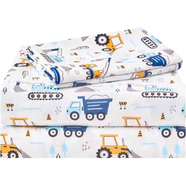 Kids Twin Sheet Set Excavator Car Pattern Breathable & Silky Soft Microfiber Fitted Sheet for Boys