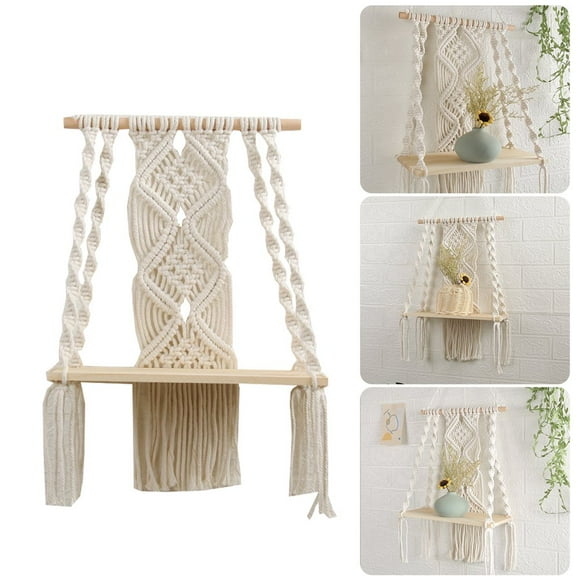 Wall Hanging Shelf Boho Decor Wood Floating Shelf Handmade Tassel Macrame Tapestry Wall Hanging Shelf for Home Décor