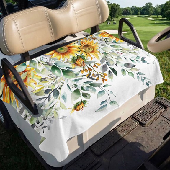 Sunflowers Golf Cart Seat Covers, Eucalyptus Leaves Spring Floral Summer Botancial Golf Cart Seat Towel Cover for 2/4 Seater Bench Seats, Breathable Dust & Sun Protection Seats Blanket 51''x31''