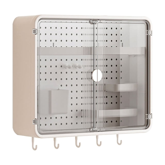 White Wall Mounted Bathroom Storage Cabinet With Double Door Design And Pegboard For Vanity And Shower Area Organization