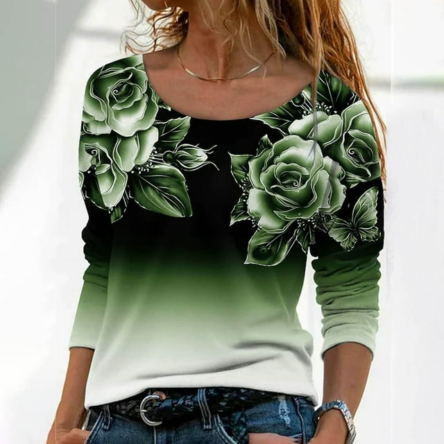 Qertyioot Women's Fashion Tops,Round- Neck Printing Gradient Color Recreational Long Sleeve