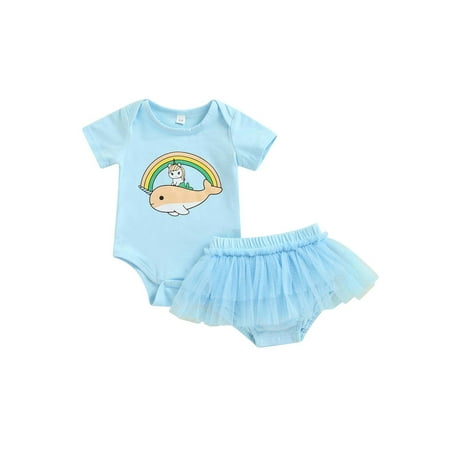 

Suanret Infant Baby Girls Summer 2Pcs Clothes Short Sleeve Rainbow Snap Romper+Mesh Glitter Layers Shorts Skirt Light Blue 18-24 Months