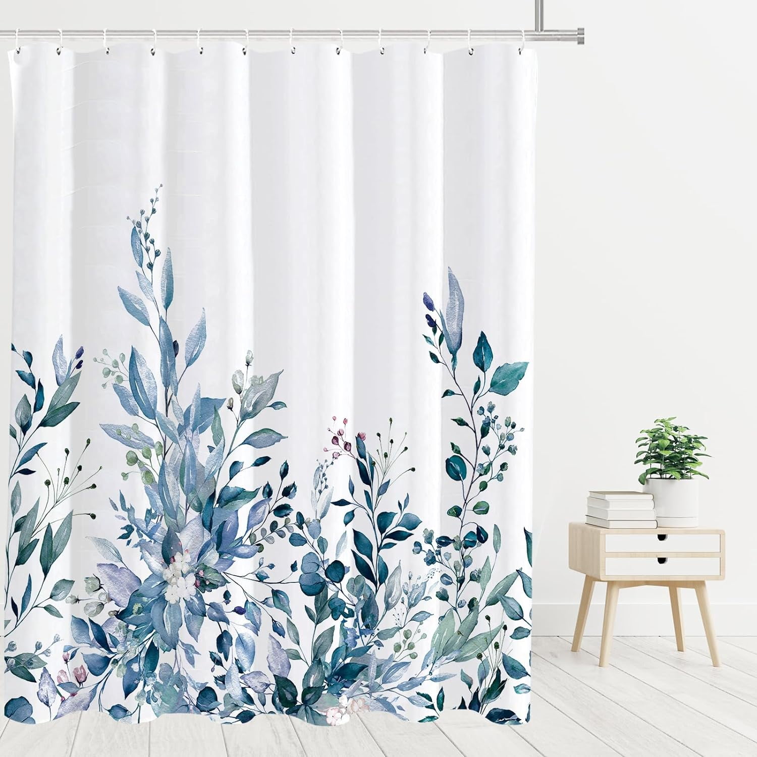 Blue Eucalyptus Leaves Shower Curtain, Watercolor Leaves Plant with Floral Bathroom Decoration Shower Curtain Sets 71x71 Inch with Hooks