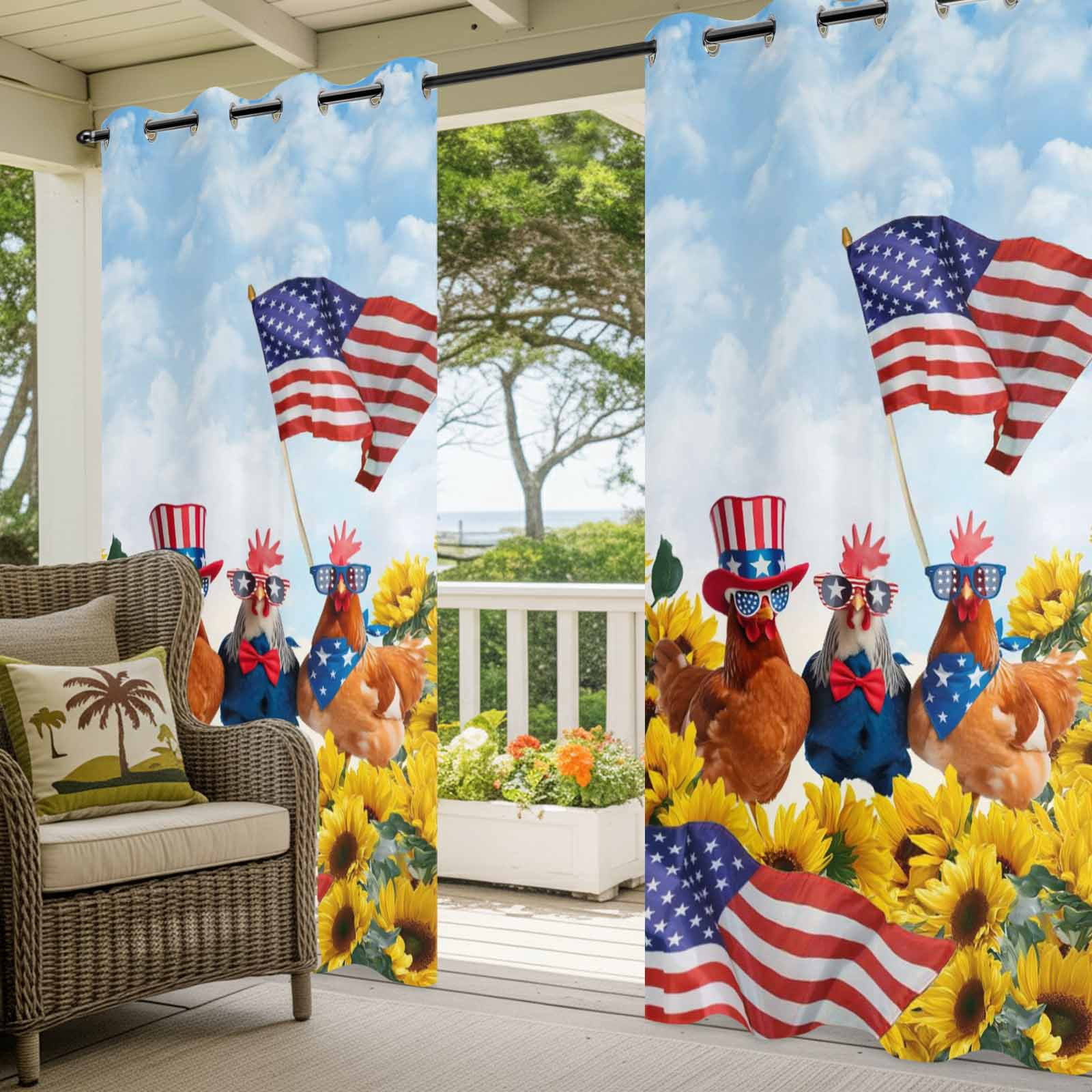 Independence Day Outdoor Curtains for Patio, U.S. Flag Themed Farm Rooster Sunflower Farmhouse Sunshade Privacy Drapes Grommet Waterproof Outside Curtains for Porch/Cabana/Balcony 54"x 108", 1 Panel