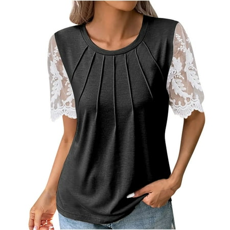 Dianli Corset Tops For Women Round Neck Tunic Solid Short Sleeve Summer T-Shirts Loose Fashion Pleated Lace Patchwork Tops Blouses Black XXXL