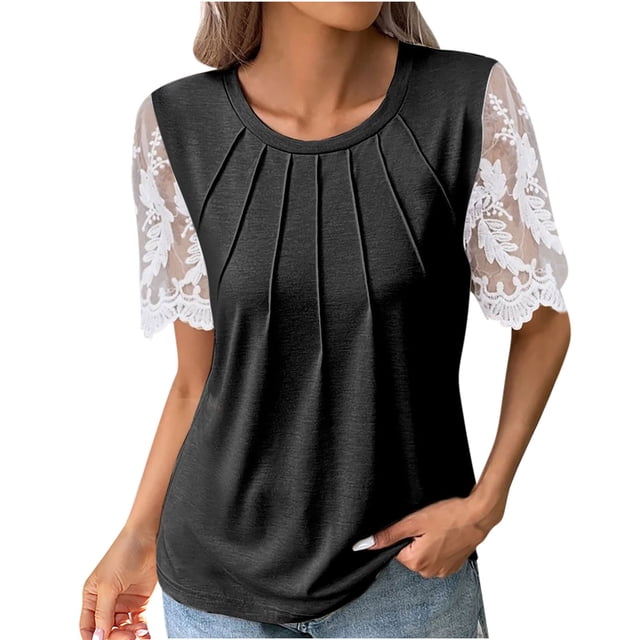 Blouses à Manches Courtes pour Femmes Mode pour Femmes T-Shirt Uni Blouse en Dentelle à Manches Courtes Col Rond Hauts Décontractés Femmes Hauts à Manches Courtes T-Shirts en Coton Femmes Blouse à Manches Courtes
