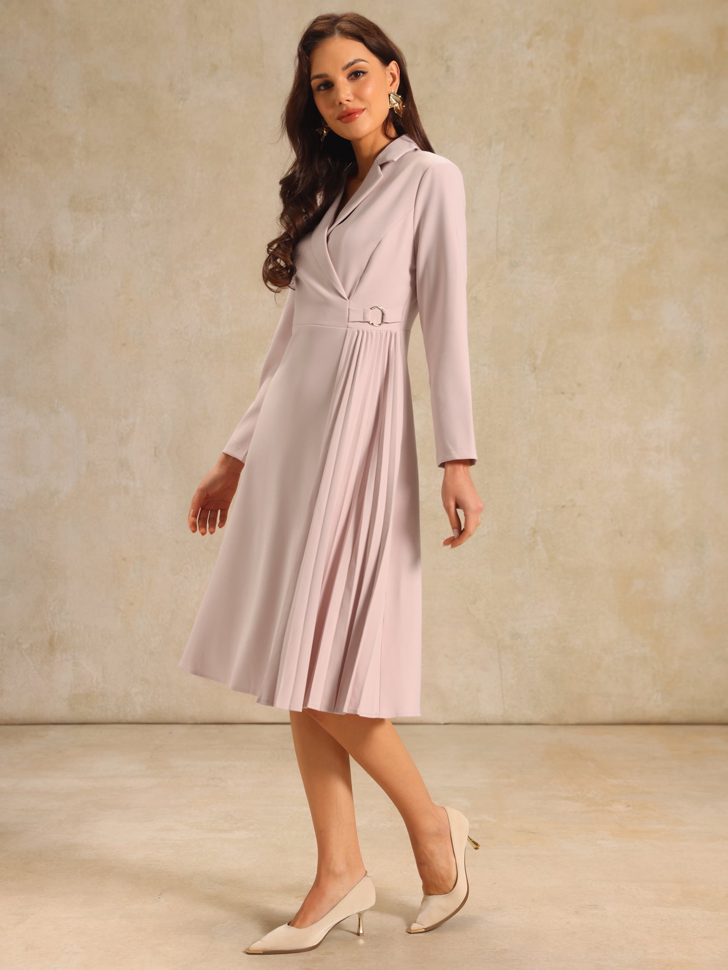 DARING DIVA Wrap A-Line Pleated Midi Long Sleev Dress M Pink