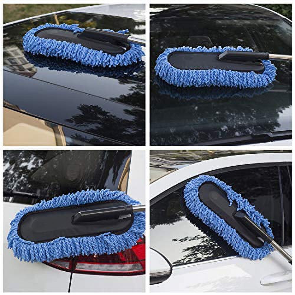 Loyakuu (3 Pack) Microfiber Car Duster Exterior Scratch Free, Extendable Handle Interior Multipurpose Dust Cleaning Duster for car(Large) Blue